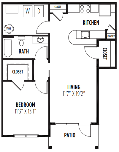 A black and white image of a floor plan for a small apartment.